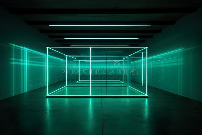 Una habitación oscura futurista con luces de colores crea un ambiente de alta tecnología stock de ilustración