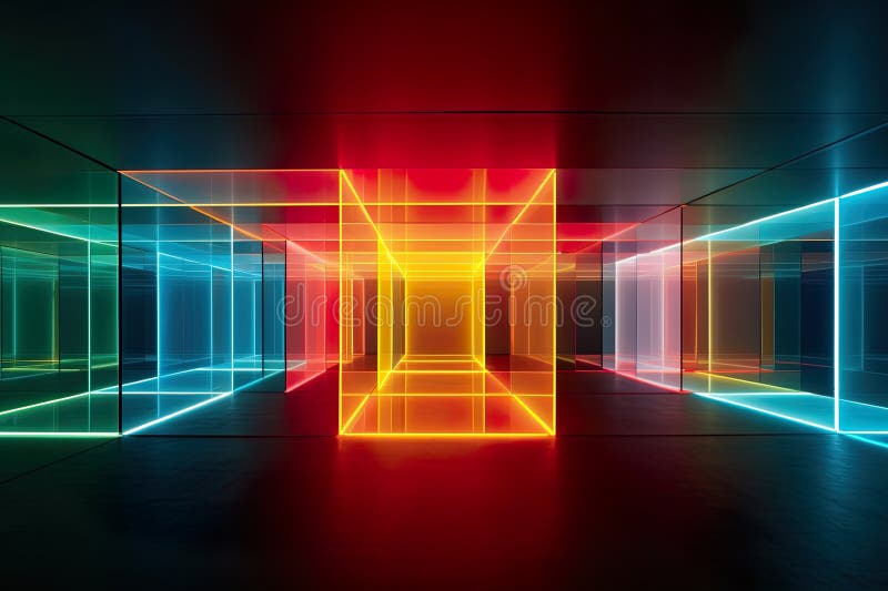 Una habitación oscura futurista con luces de colores crea un ambiente de alta tecnología stock de ilustración