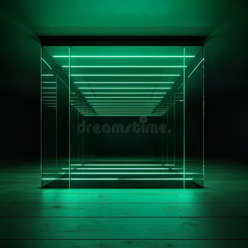 Una habitación oscura futurista con luces de colores crea un ambiente de alta tecnología stock de ilustración