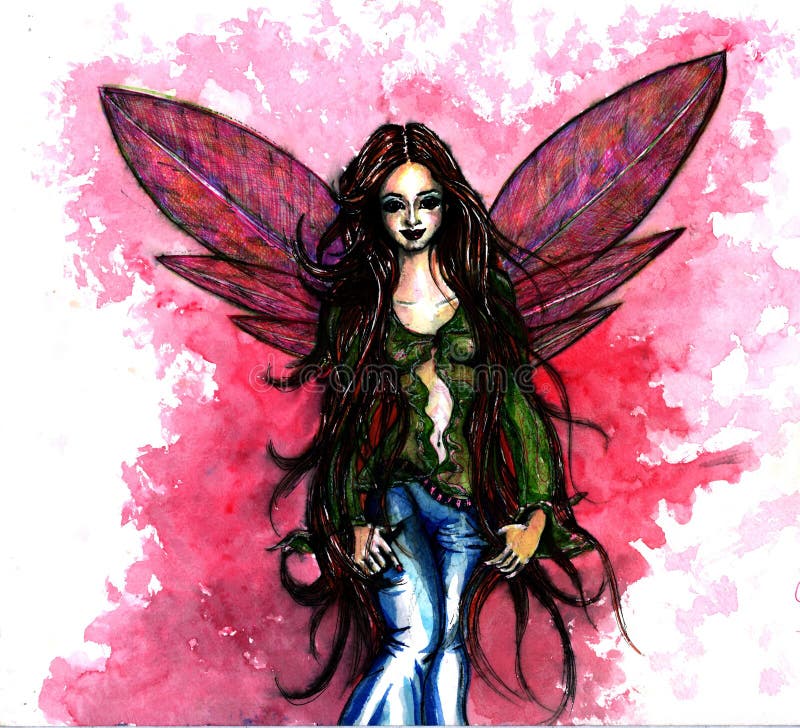 An illustration of a fairy with wings wearing blue jeans and green blouse on pink and red background. . An illustration of a fairy with wings wearing blue jeans and green blouse on pink and red background.