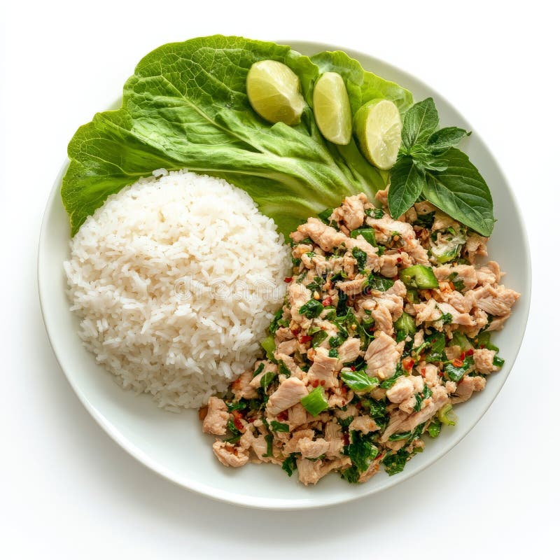 Una hermosa imagen de un plato de larva de pollo con pollo picado con hierbas y imágenes de archivo libres de regalías