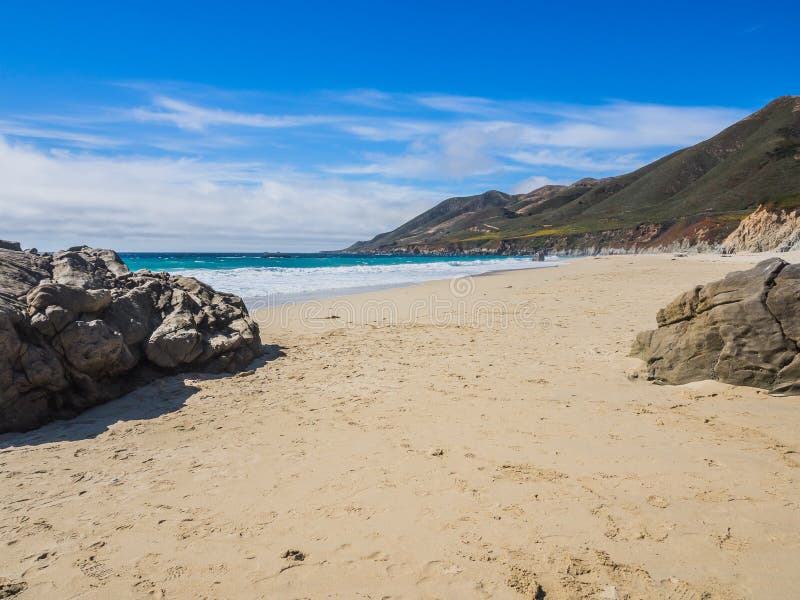 A beautiful view of sand beach on Highway 1, Big Sur, CA, USA. A beautiful view of sand beach on Highway 1, Big Sur, CA, USA