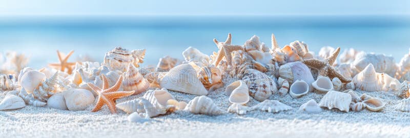 Una hermosa y serena exposición de conchas coloridas y una excepcional estrella de mar descansando tranquilamente en una playa tra foto de archivo