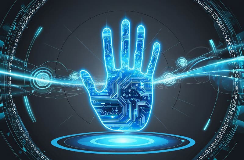 Una huella digital azul eléctrico brillante con patrones de circuito se mueve suavemente contra un fondo gris oscuro stock de ilustración