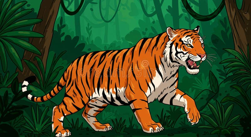 Una ilustración de estilo caricaturista representa a un tigre en una densa jungla. El tigre con su stock de ilustración