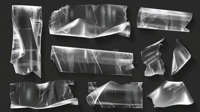 An illustration of crumpled plastic sticky tape with uneven edges, a set of transparent adhesive tape pieces isolated on a white background.. AI generated. An illustration of crumpled plastic sticky tape with uneven edges, a set of transparent adhesive tape pieces isolated on a white background.. AI generated