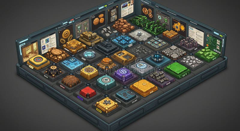 Una ilustración digital que muestra un panel de control futurista o una interfaz de usuario con varios botones e iconos 3D. Organizado en una rejilla los elementos incluyen texturas metálicas y colores vibrantes como naranja azul y verde. Mostrar pantallas que muestren los datos de gráficos y los símbolos vinculados a máquinas o tecnología. El diseño presenta detalles intrincados que simulan un entorno virtual utilizado en configuraciones de ciencia ficción o videojuegos para administrar controles o simulaciones.