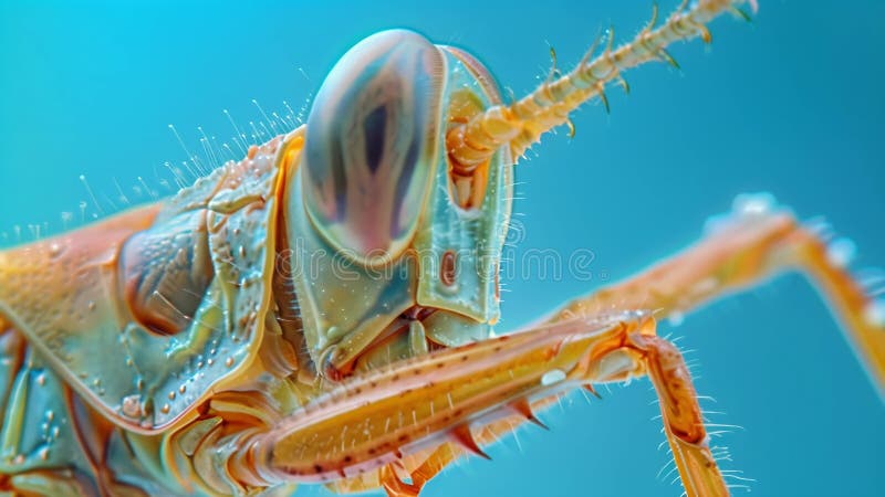 Una imagen ampliada de una pata de saltamontes que muestra los pelos y receptores microscópicos que permiten al insecto detectar