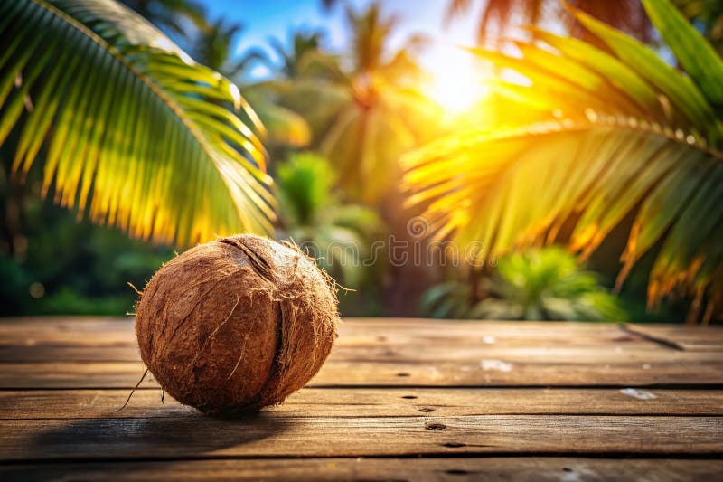 Una impresionante vista panorámica de los cocos frescos en una mesa de madera rústica ideal para una imagen tropical o stock de ilustración