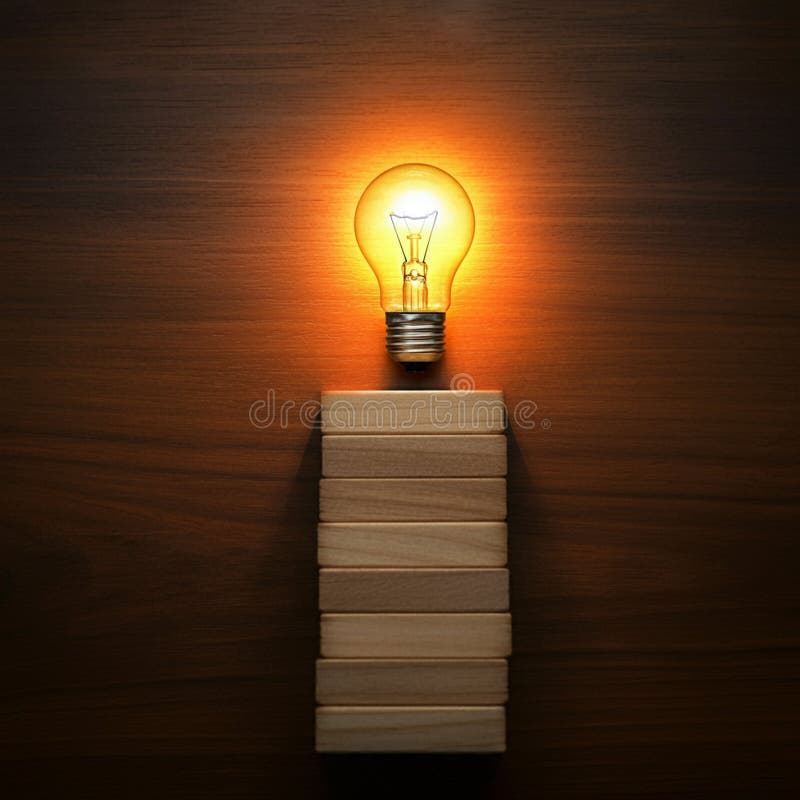 Una lampadina ad incandescenza accesa si trova in cima a una grande pila di blocchi di legno rettangolari contro illustrazione di stock