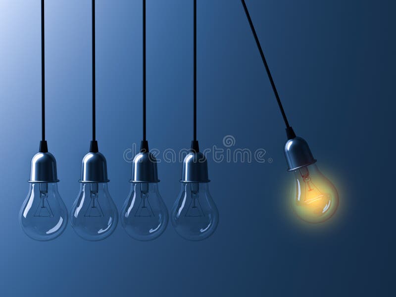 Una lampadina d'attaccatura che emette luce differente e sta fuori dalle lampadine incandescenti spente come la culla di Newton s illustrazione di stock Una lampadina d'attaccatura che emette luce differente e sta fuori dalle lampadine incandescenti spente come la culla di Newton s illustrazione di stock