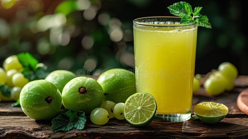 Una limonada está sobre una mesa con un ramo de fruta verde imagen de archivo libre de regalías