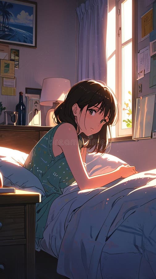 Una linda chica durmiendo en su habitación stock de ilustración