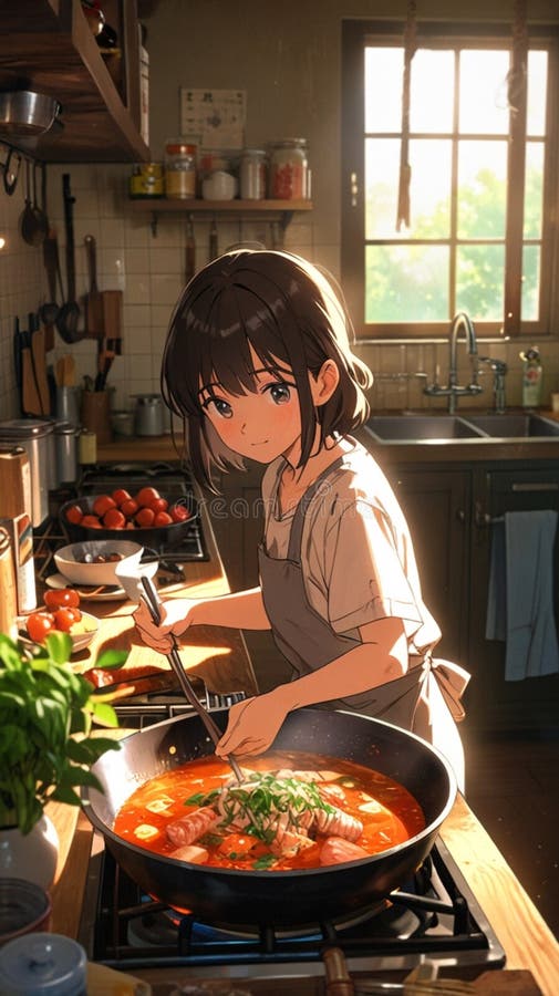 Una linda chica en su casa mientras cocina libre illustration