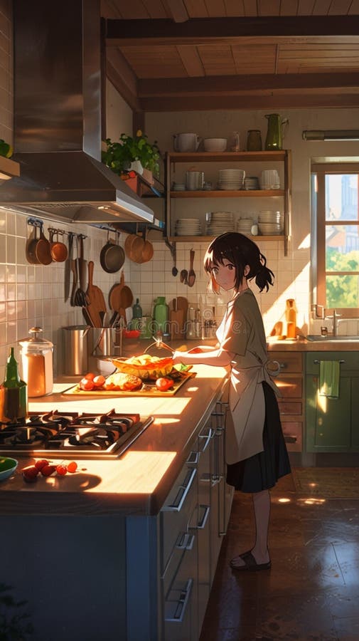 Una linda chica en su casa mientras cocina libre illustration