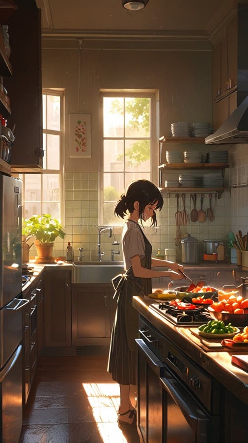 Una linda chica en su casa mientras cocina ilustración del vector