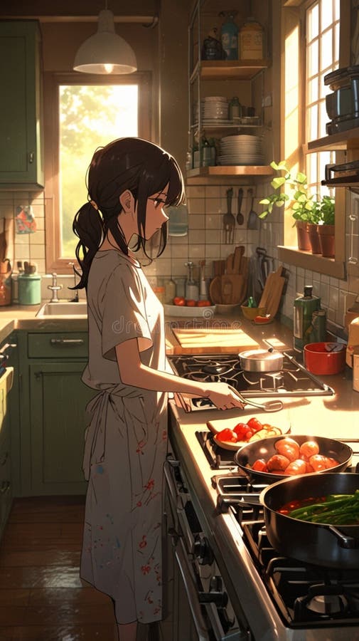 Una linda chica en su casa mientras cocina ilustración del vector