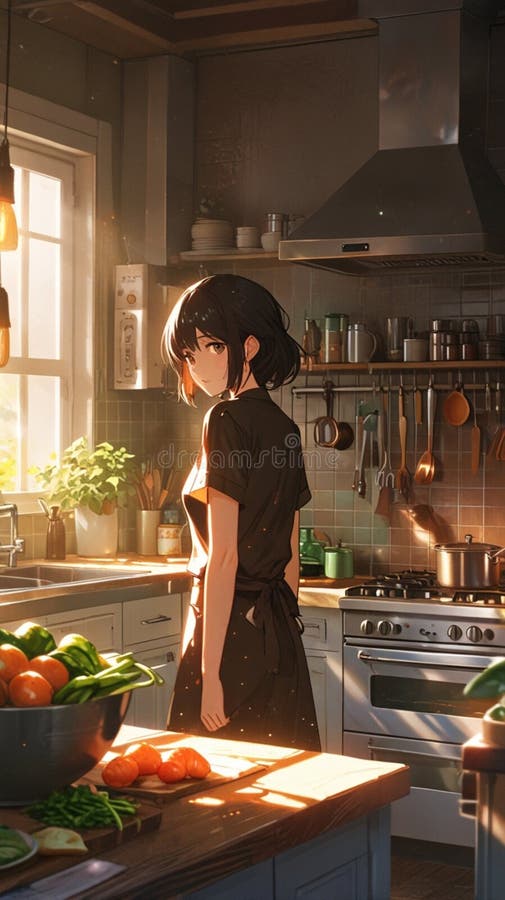 Una linda chica en su casa mientras cocina stock de ilustración