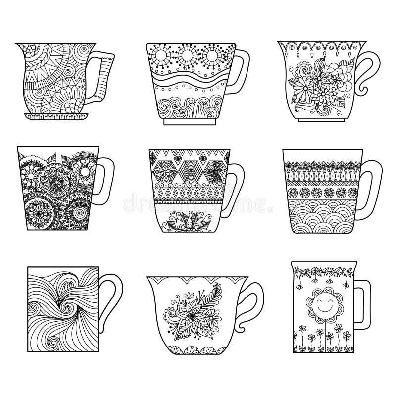 Una linea progettazione di nove tazze di tè di arte per il libro da colorare per l'anti sforzo, l'elemento di progettazione del m