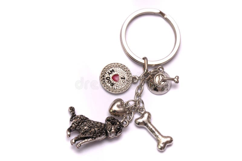 A photo taken on a metallic silver dog doggie design key chain against a white backdrop. A photo taken on a metallic silver dog doggie design key chain against a white backdrop.