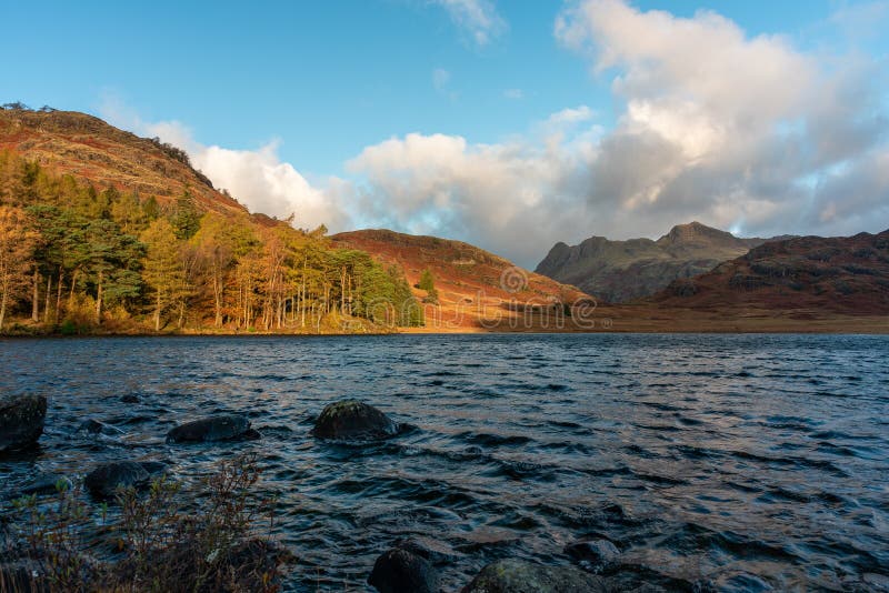 Una luce mattutina a Blea Tarn nel distretto del Lago inglese con le viste di Langdale Pikes e Side Pike in autunno. Una mattinata splendida e lunatica che cade alla luce di Blea Tarn nel Distretto del Lago inglese con viste di Langdale Pikes e Side Pike in autunno