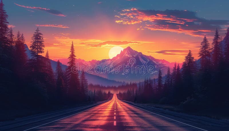 Una lunga strada con un sole luminoso nel cielo grazie all'immagine generata dall'ai.