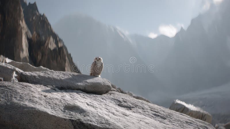 Una maestosa gufo di neve poggia pacificamente su una montagna rocciosa, eretta contro un cielo eritico brillante, evocando un sen royalty illustrazione gratis