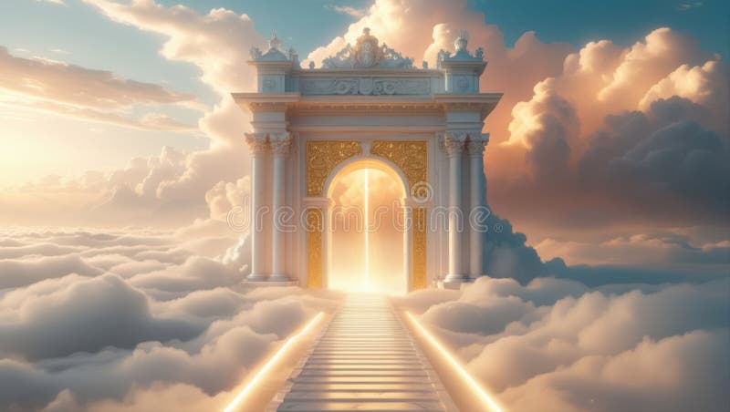 Una maestosa porta ornata che conduce a un cielo eritico luminoso pieno di nuvole morbide del cielo illustrazione di stock