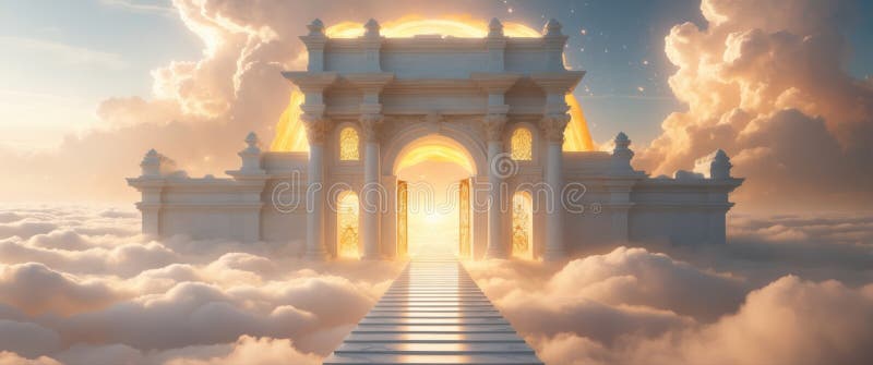 Una maestosa porta ornata che conduce a un cielo eritico luminoso pieno di nuvole morbide del cielo royalty illustrazione gratis