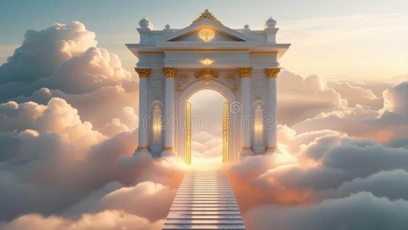 Una maestosa porta ornata che conduce a un cielo eritico luminoso pieno di nuvole morbide del cielo illustrazione di stock