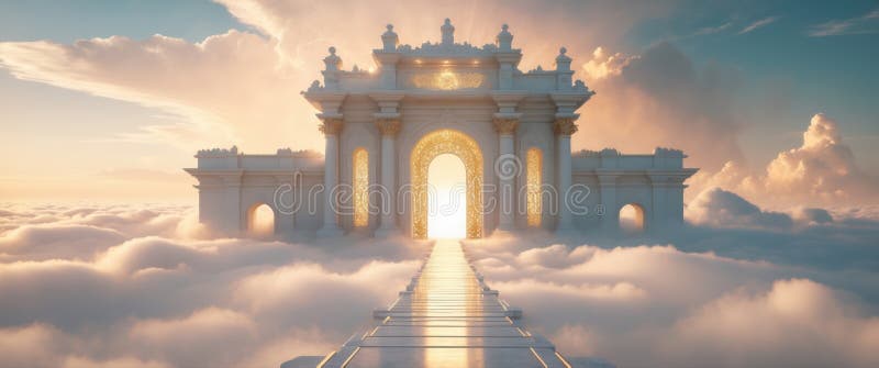Una maestosa porta ornata che conduce a un cielo eritico luminoso pieno di nuvole morbide del cielo illustrazione di stock