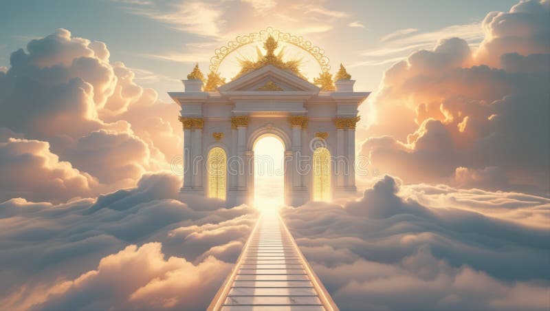 Una maestosa porta ornata che conduce a un cielo eritico luminoso pieno di nuvole morbide del cielo royalty illustrazione gratis