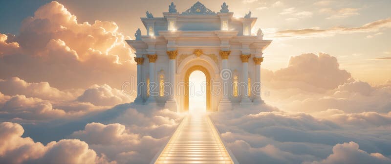 Una maestosa porta ornata che conduce a un cielo eritico luminoso pieno di nuvole morbide del cielo illustrazione di stock