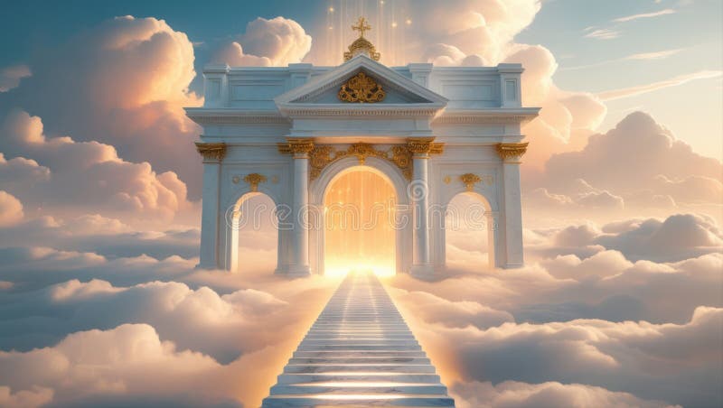 Una maestosa porta ornata che conduce a un cielo eritico luminoso pieno di nuvole morbide del cielo illustrazione di stock