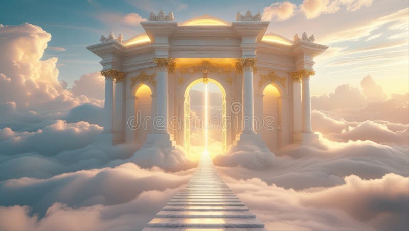 Una maestosa porta ornata che conduce a un cielo eritico luminoso pieno di nuvole morbide del cielo royalty illustrazione gratis