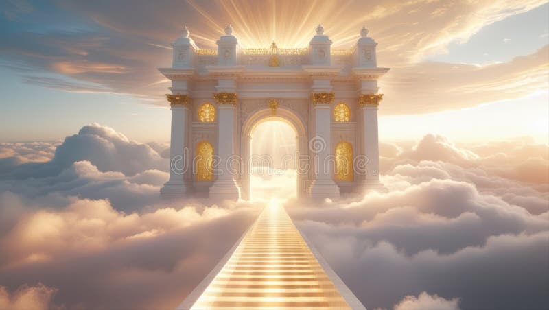Una maestosa porta ornata che conduce a un cielo eritico luminoso pieno di nuvole morbide del cielo royalty illustrazione gratis