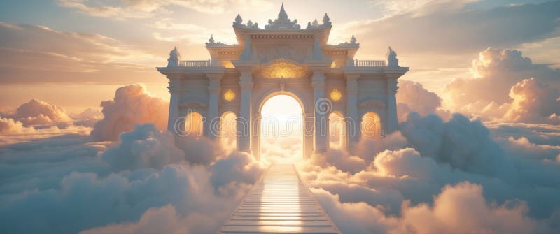 Una maestosa porta ornata che conduce a un cielo eritico luminoso pieno di nuvole morbide del cielo royalty illustrazione gratis