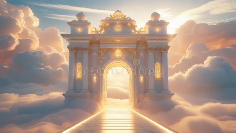 Una maestosa porta ornata che conduce a un cielo eritico luminoso pieno di nuvole morbide del cielo royalty illustrazione gratis