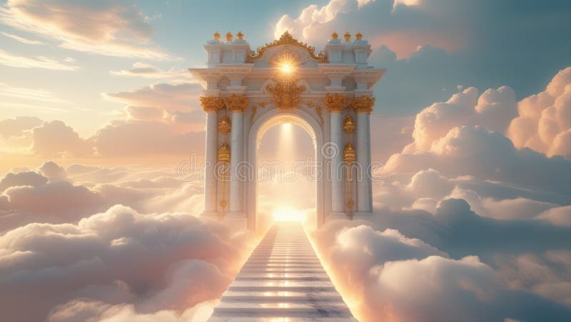 Una maestosa porta ornata che conduce a un cielo eritico luminoso pieno di nuvole morbide del cielo royalty illustrazione gratis