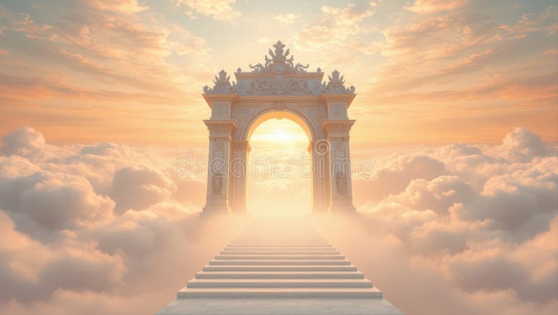 Una maestosa porta ornata che conduce a un cielo eritico luminoso pieno di nuvole morbide del cielo illustrazione vettoriale
