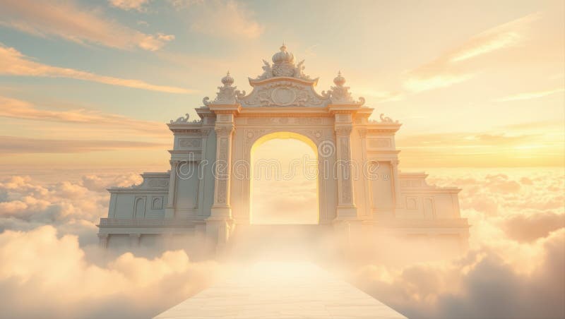Una maestosa porta ornata che conduce a un cielo eritico luminoso pieno di nuvole morbide del cielo royalty illustrazione gratis