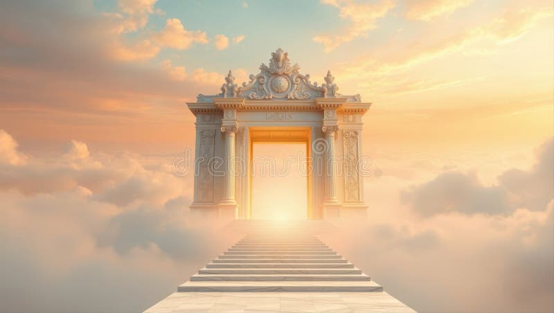 Una maestosa porta ornata che conduce a un cielo eritico luminoso pieno di nuvole morbide del cielo royalty illustrazione gratis