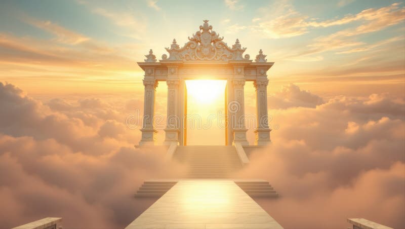 Una maestosa porta ornata che conduce a un cielo eritico luminoso pieno di nuvole morbide del cielo illustrazione vettoriale