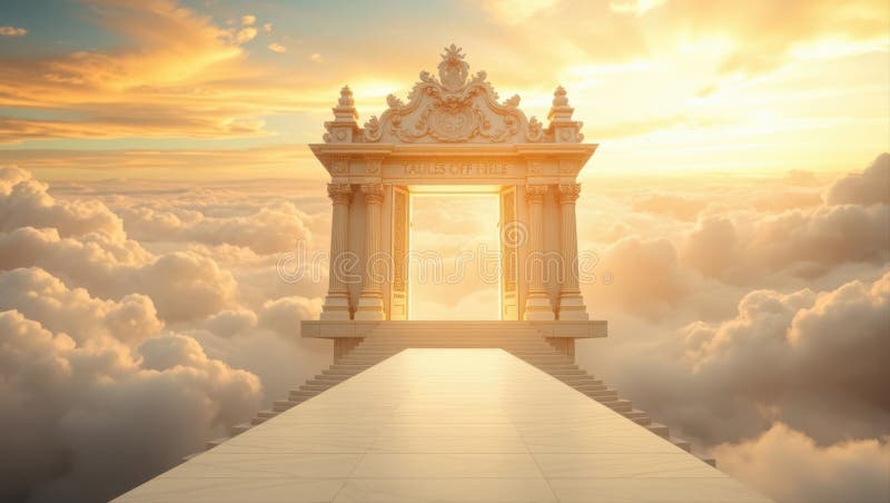 Una maestosa porta ornata che conduce a un cielo eritico luminoso pieno di nuvole morbide del cielo illustrazione vettoriale