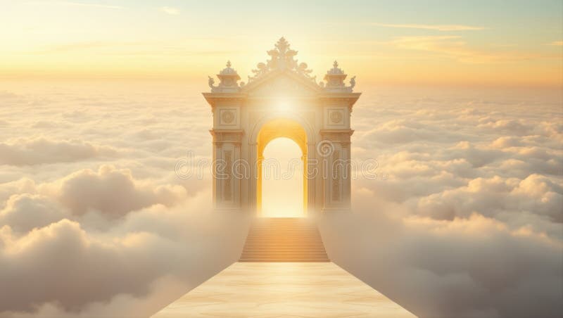 Una maestosa porta ornata che conduce a un cielo eritico luminoso pieno di nuvole morbide del cielo royalty illustrazione gratis