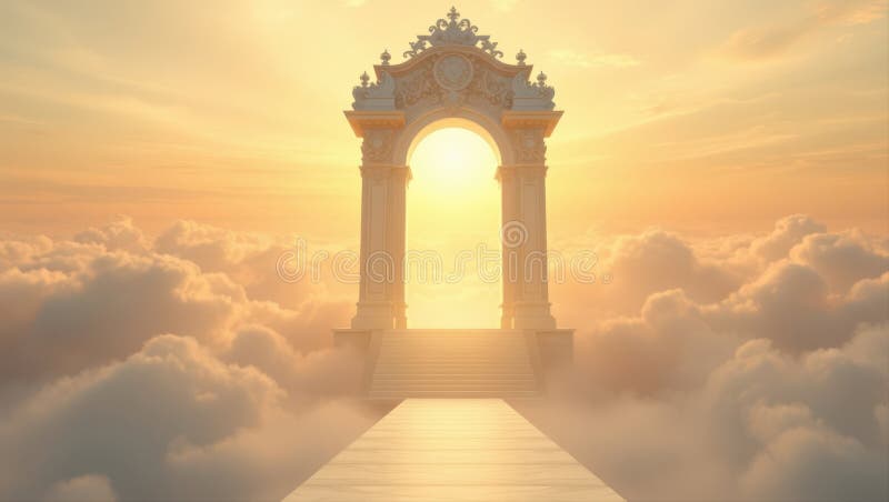 Una maestosa porta ornata che conduce a un cielo eritico luminoso pieno di nuvole morbide del cielo illustrazione vettoriale