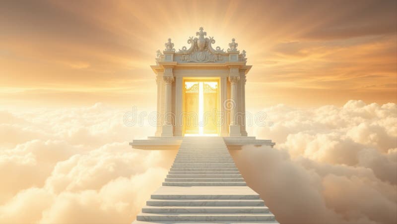 Una maestosa porta ornata che conduce a un cielo eritico luminoso pieno di nuvole morbide del cielo royalty illustrazione gratis