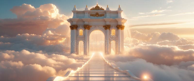 Una maestosa porta ornata che conduce a un cielo eritico luminoso pieno di nuvole morbide del cielo illustrazione vettoriale