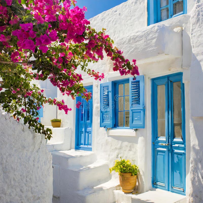 Una magnífica bugainvellia en la pared de una casa blanca con ventanas y puerta azules ilustración del vector