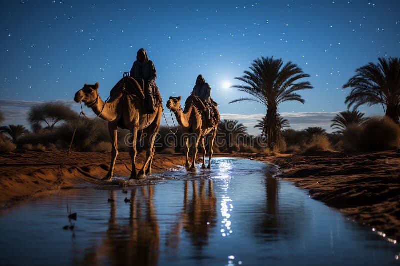 Una manada de camellos que recorren la carretera hacia el agua imagen de archivo libre de regalías